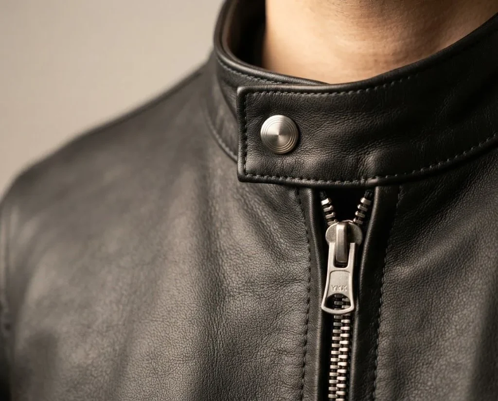 Close-up of a leather stand collar with snap and zip hardware