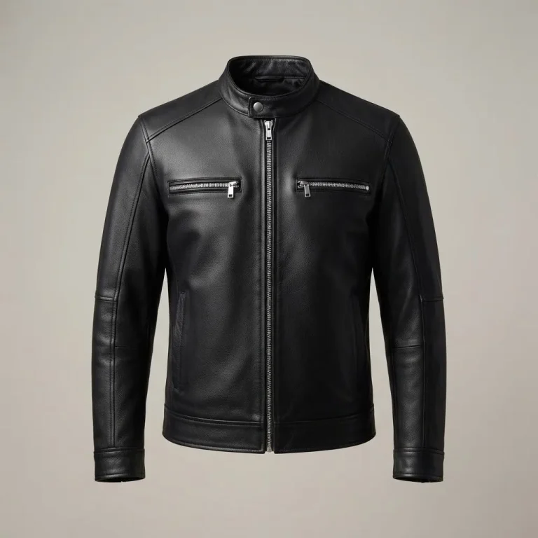 Black Café Racer leather jacket, front view