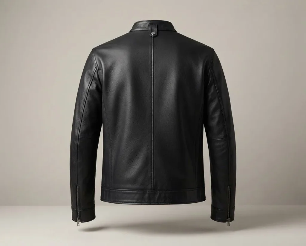 Black Café Racer leather jacket, back view