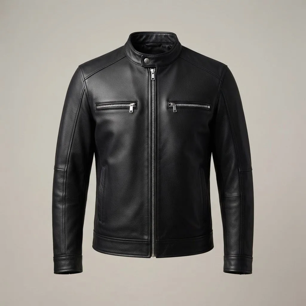 Black Café Racer leather jacket, front view
