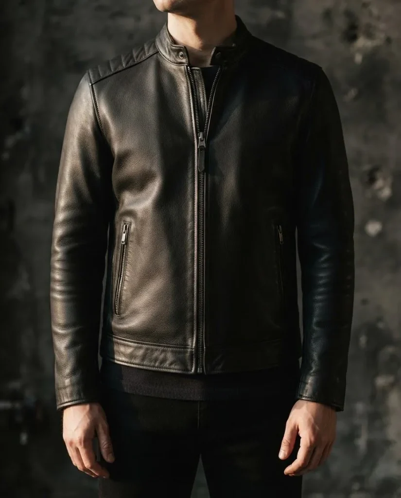 Dark leather jacket with stand collar worn by a model (conceptual image)
