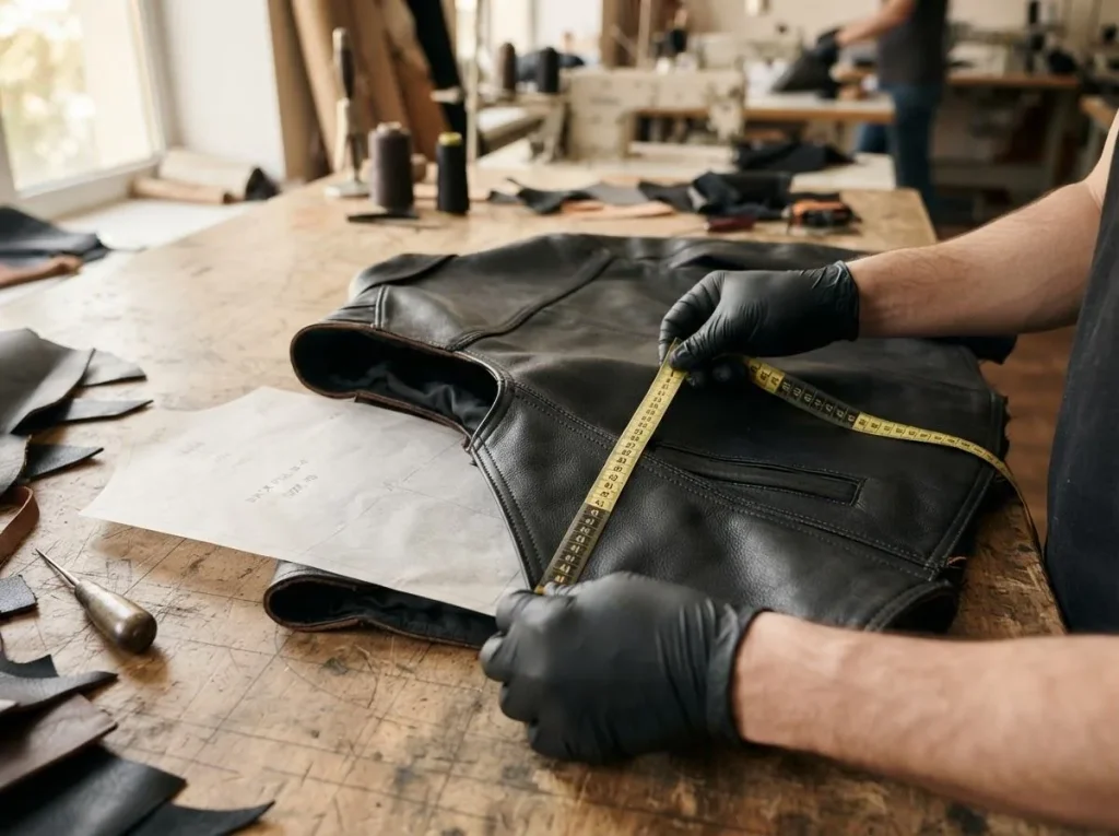 Gloved hands measuring and cutting black leather on a workbench (conceptual manufacturing image)