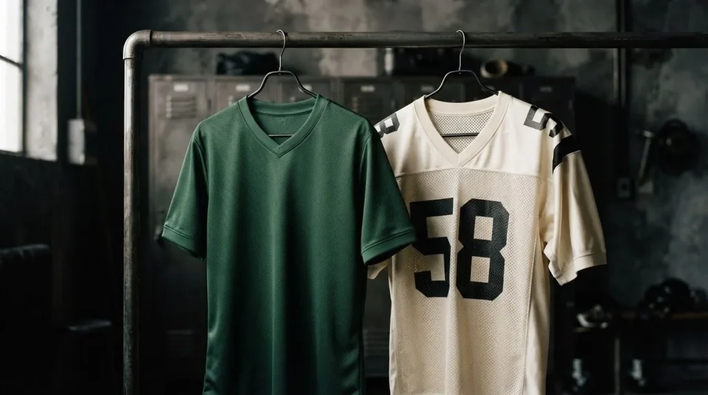 Green and cream team jerseys on a rail (conceptual image)