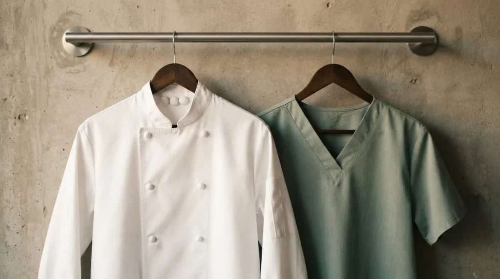 Chef jacket and scrubs on a hanging rail (conceptual image)