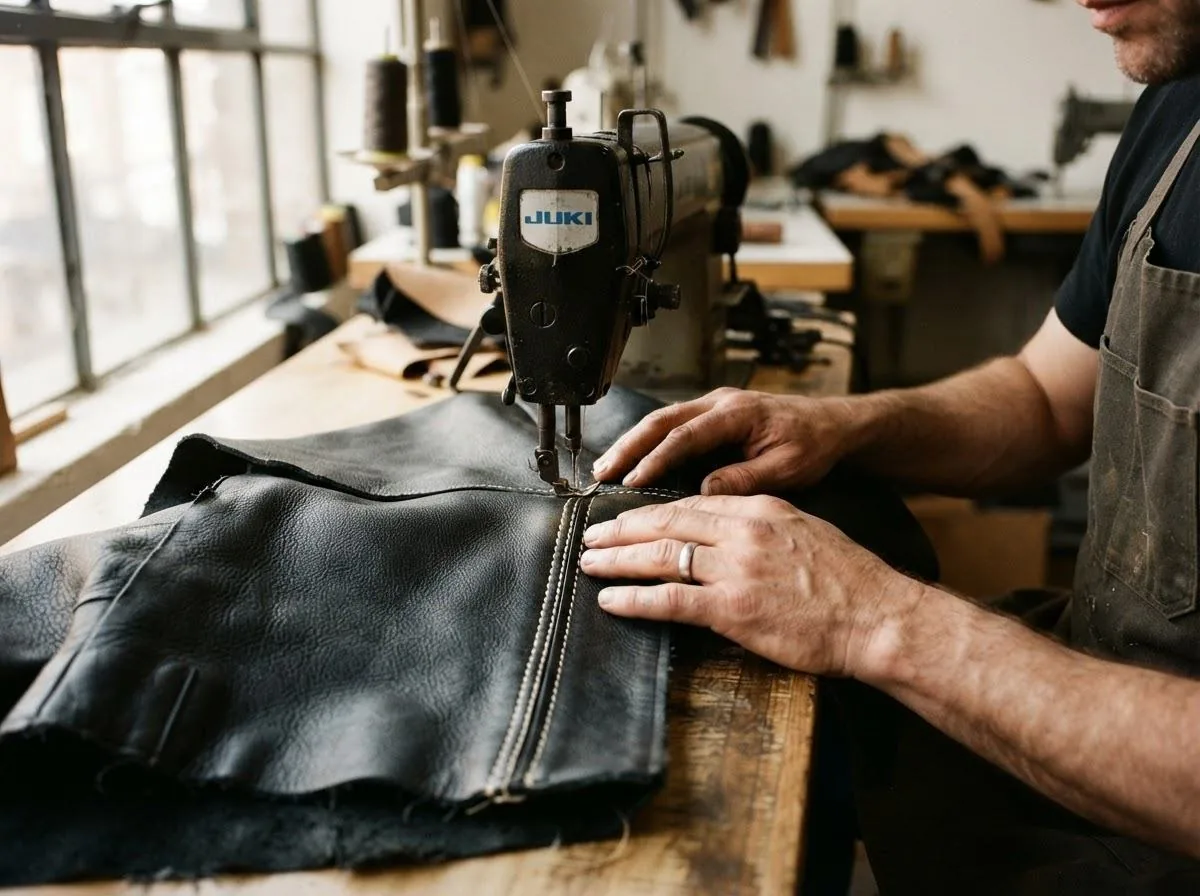 Hands guiding black leather through an industrial sewing machine (conceptual manufacturing image)